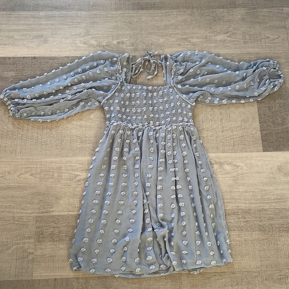 Maternity Dress, Light Blue Textured Dot Smocked Square Neck Chiffon - Picture 4 of 4